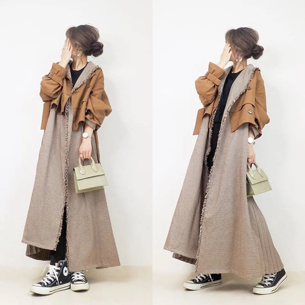 

Women Harajuku Mid-length Trench Coat Japan Korea Style Loose Chic Trendy Fashion Casual Spring Autumn Female Fake Two OverCoat