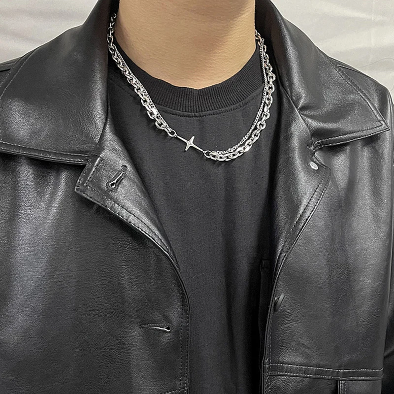 

Men Hip Hop Stainless Steel Cross Necklace Jewelry Women Punk Doublelayer Splicing Crystal Chain Necklaces Trend Neck Choker