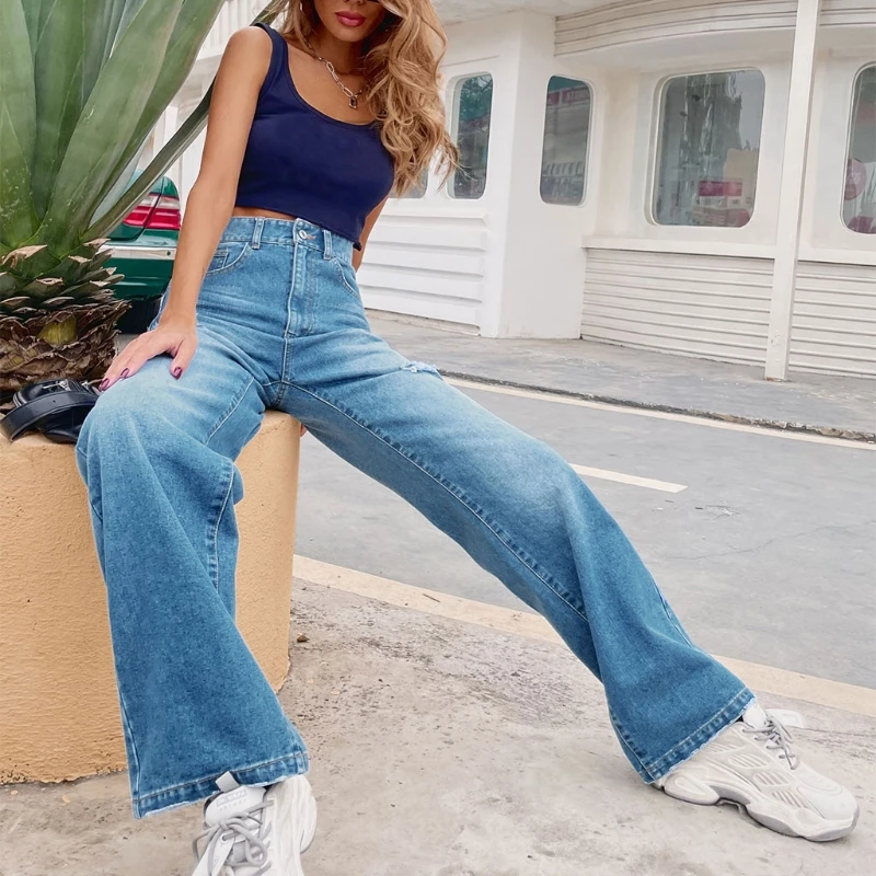 

Women High Waist Baggy Jeans Vintage Washed Distressed Ripped Hole Denim Pants Harajuku Wide Leg Casual Loose Trousers