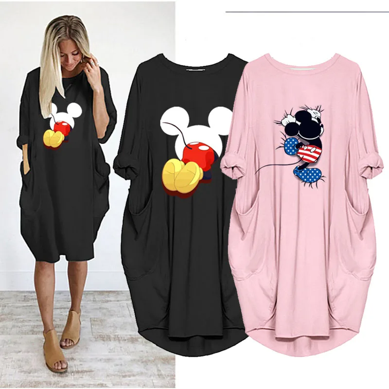 

Disney Mickey Mouse Vestidos Midi Dress Autumn Long Sleeve Loose Casual Kawaii 3D Print Vintage Clothes O Neck Robe Femme Outfit