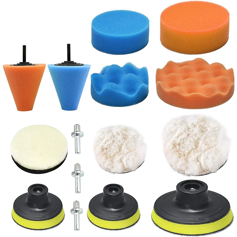

15PCS Polishing Pads Sponge Wool Waxing Buffing Pads Kit, with 3 Pieces M10 Drill Adapters for Car Polishing, Sanding