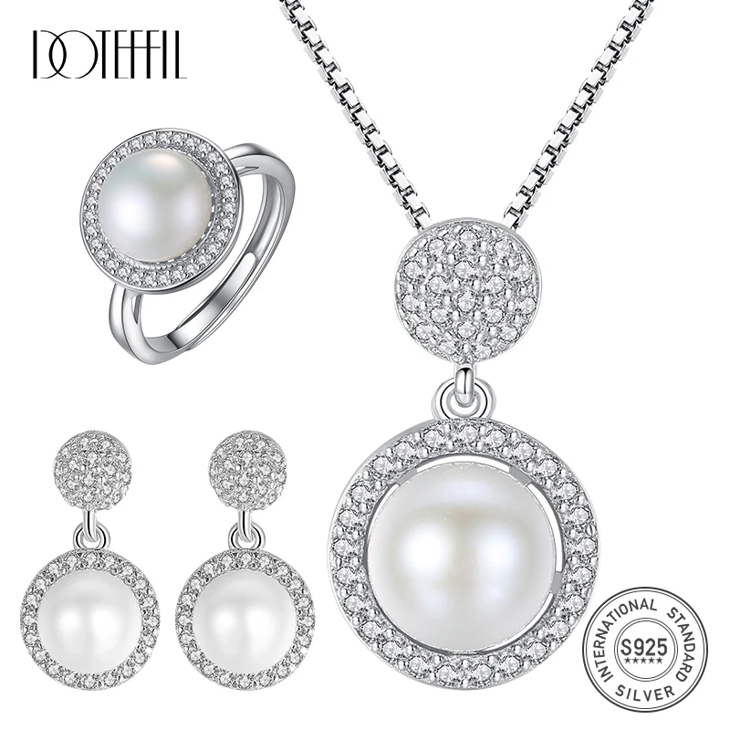 

DOTEFFIL 7mm Pearls AAA Zircon Ring Earring/925 Sterling Silve 18 inches Box Chain Necklace For Women Wedding Engagement Jewelry