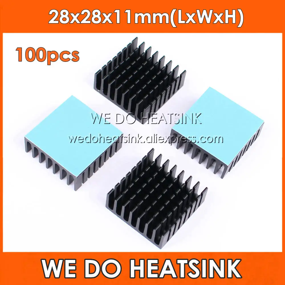 

WE DO HEATSINK 100pcs 28x28x11mm Black Slotted Anodized Aluminum Heatsink Cooler With Thermal Conductive Adhesive Transfer Pads