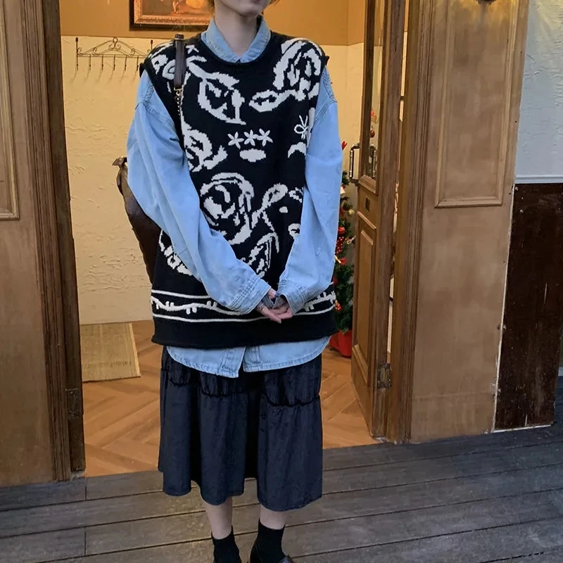 

High street retro punk pattern knitted vest Harajuku top women loose casual pullover round neck sleeveless sweater clothing