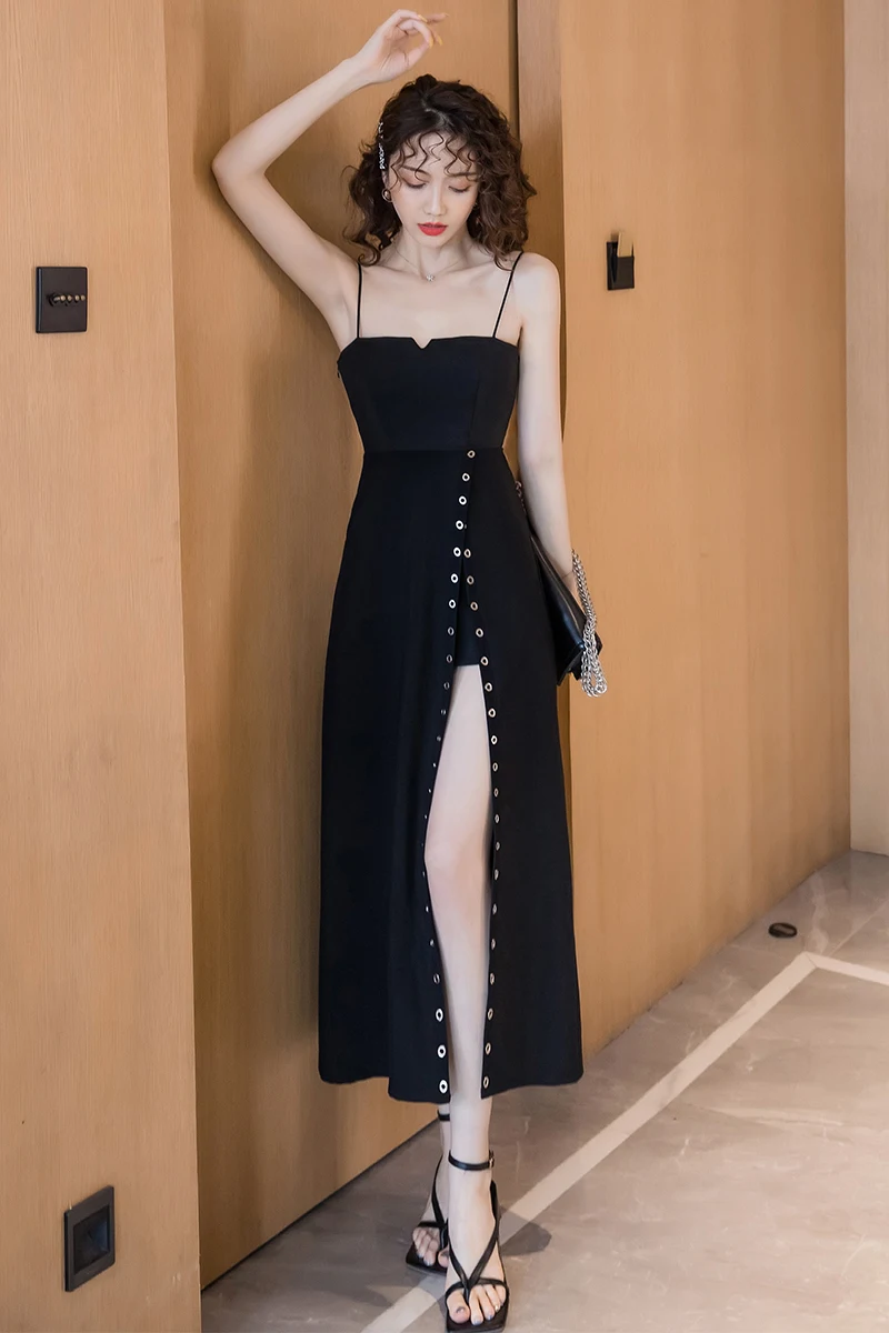 

COIGARSAM Women dress Suspenders Spaghetti Strap High Waist Dresses Black 8173