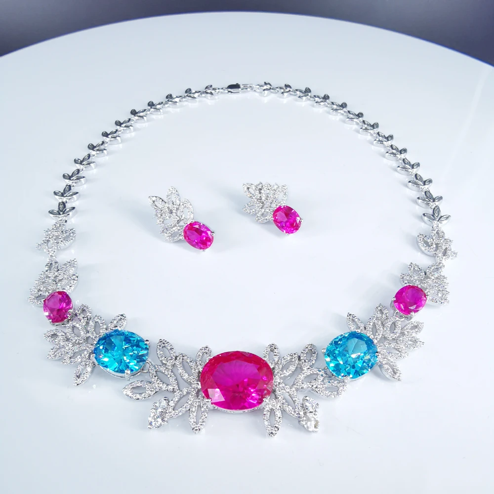 2020 новый модный роскошный красный синий овальный циркон ожерелье серьги набор