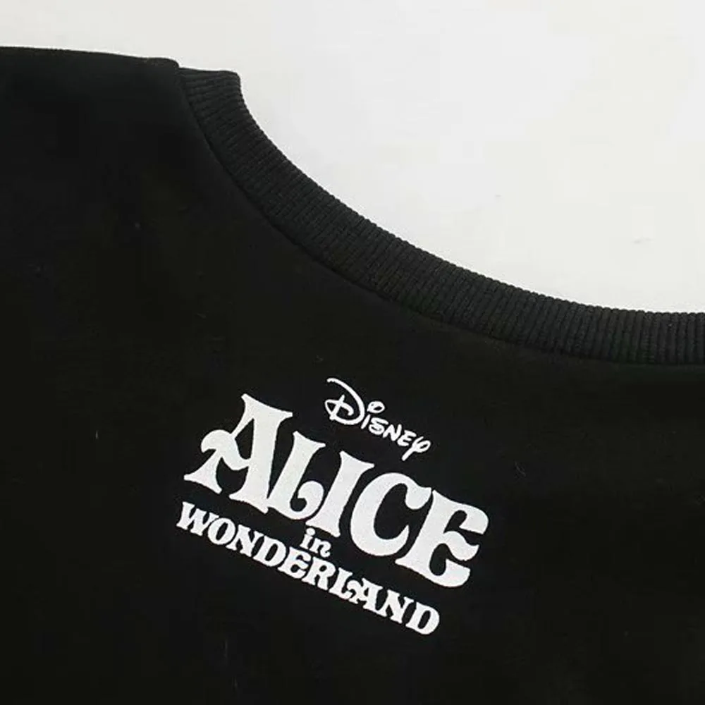 Disney Стильная Милая Алиса в стране чудес мультфильм цветочный принт Черная футболка с круглым вырезом пуловер Модные женские свободные топы с длинным рукавом