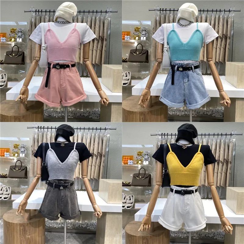 

Niche Design 2021 Candy Color Slim Knit Suspenders + Solid Color Round Neck Short Sleeve Top 2 Pieces