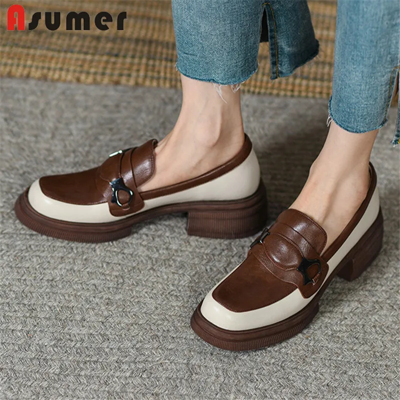 

ASUMER 2022 New Arrive Genuine Leather Shoes Women Platform Flat Shoes Mixed Colors Slip On Loafers Spring Summer Single Shoes