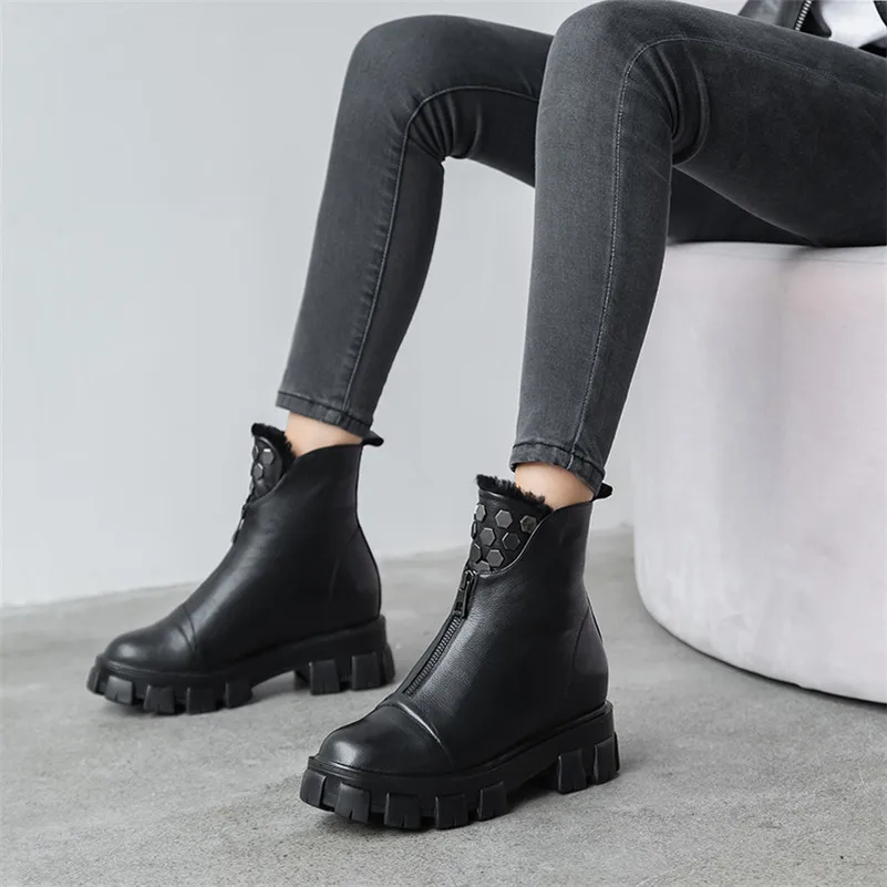 

ANNYMOLI Winter Snow Boots Women Boots Natural Genuine Leather Chunky Heel Ankle Boots Warm Wool Zipper Shoes Female Big Size 43