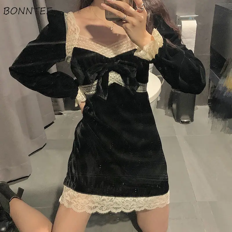 

Mini Dress Women V-Neck Lace Patchwork Autumn Student Sweet Retro Casual Daily Korean Style Flare Sleeve Ladies Vestidos Stylish