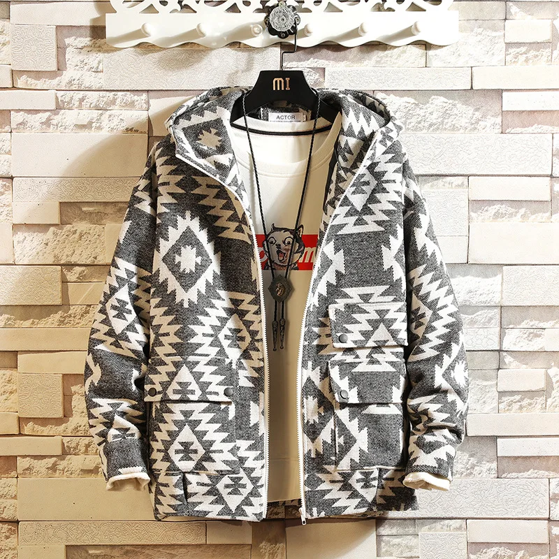 

Vogue Plus Size Autumn Men Jacket Coat Casual Loose Printing Vintage Overcoat For Men Clothing Streewear Hooded Jackect Coat Men