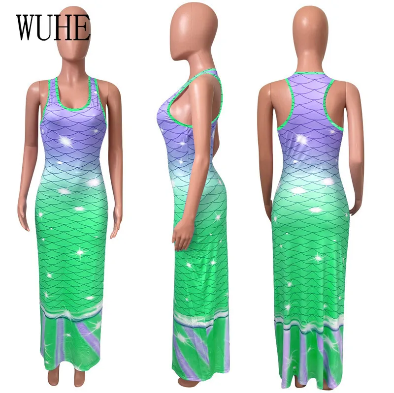

KEXU Gradient Fish Scale Print Sleeveless Maxi Vintage Bodycon Summer Women's Dress Sexy Beach Bandage Mermaid Long Party Dress
