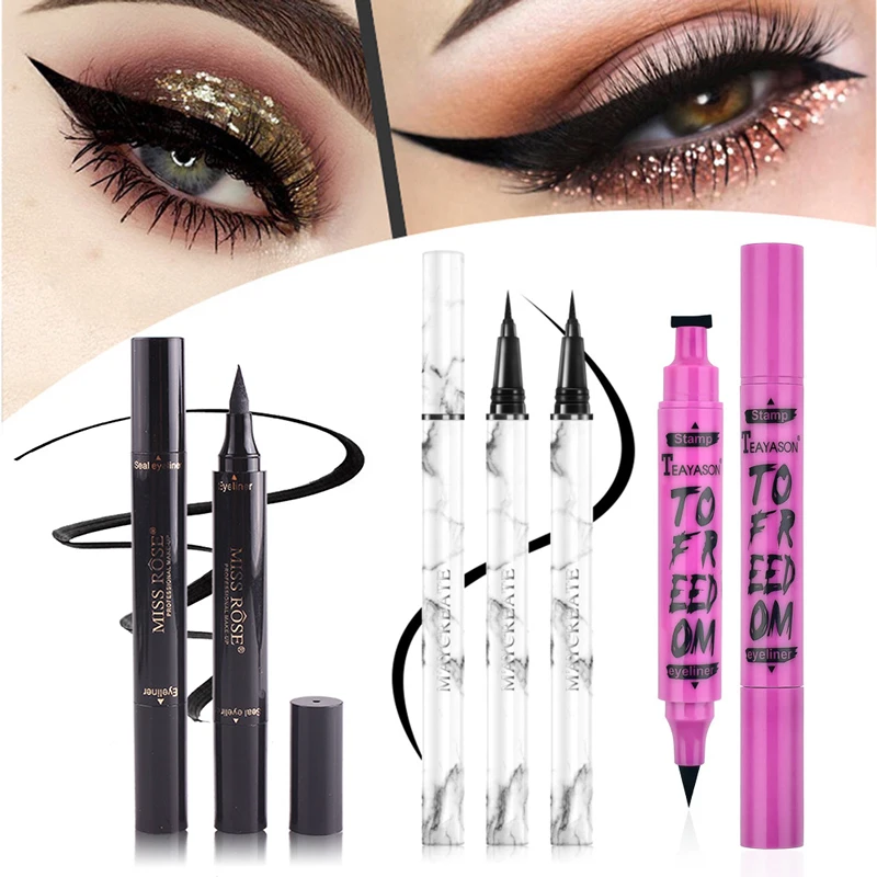 

2Pcs Black Eye Liner Pencil Waterproof Long-lasting Quick Dry Smooth Double-ended Makeup Triangle Seal Stamp Wing Eyeliner Tools
