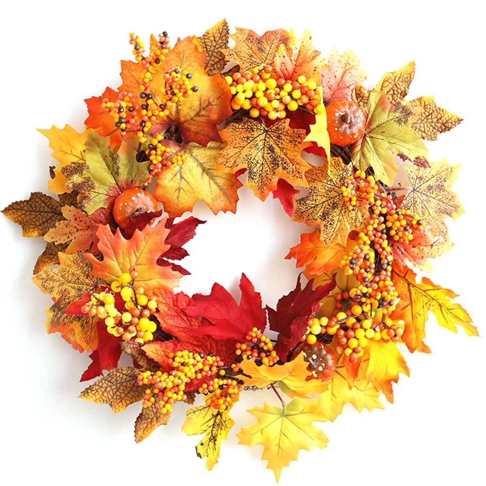 

Maple Leaf Pumpkin Wreath Garland Berry Ornament Vine Plastic Pendant Decoration Autumn Thanksgiving Halloween Door Wreath