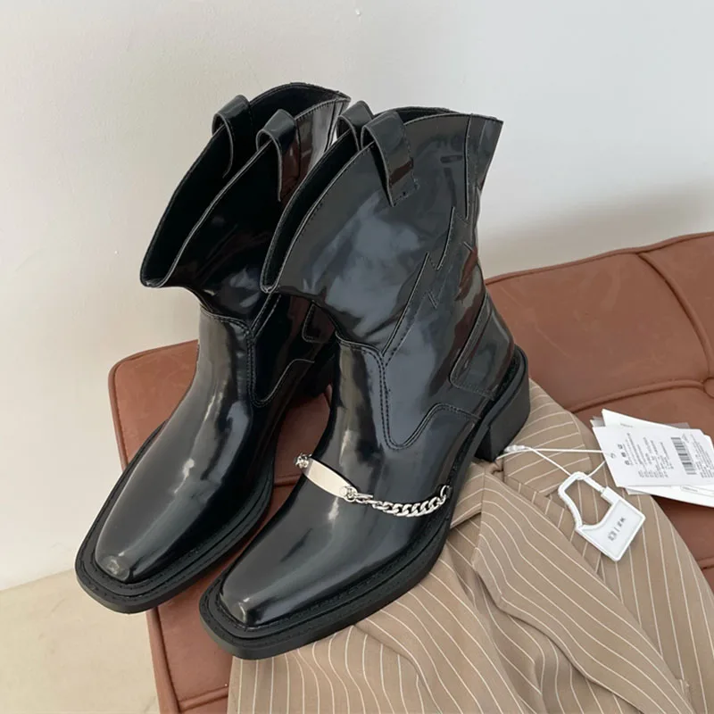 

Fashion Square Toe Thick Heels Chain Western Boots Women Slip On Ankle Boots Winter Mocrcycle Boots Brand Shoes Zapatillas Mujer
