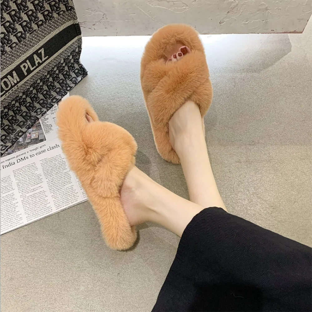 

Women's Winter Fur Home Slippers Cross Belt Warm Plush Shoes Open Toe Furry Slippers Indoor 2021 Slippers Women