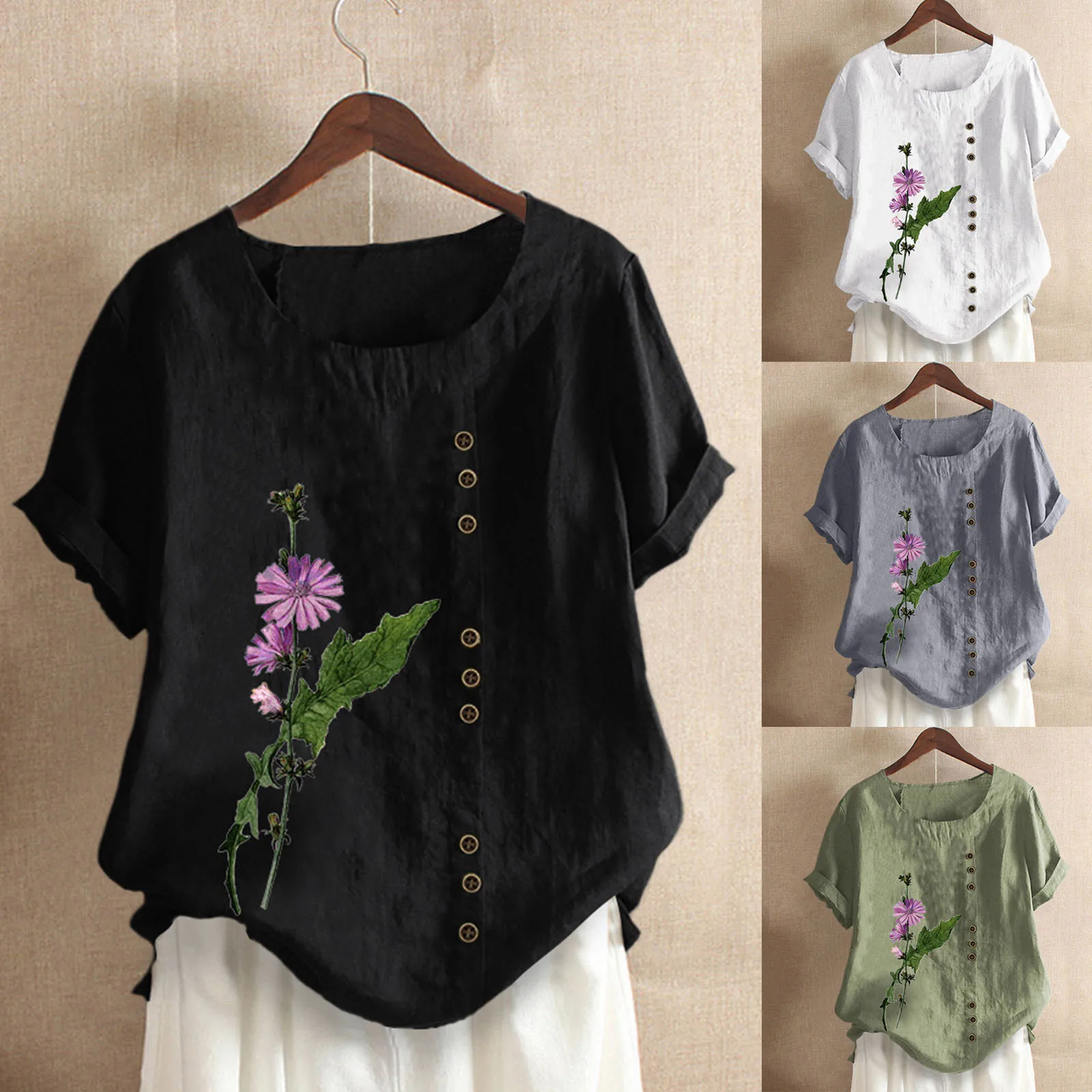 

Women Print Button Cotton Blouse Fashion Casual Loose Short Sleeve O Neck Daily Tops Shirts 2021 Summer New Plus Size Top Tee