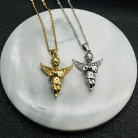 hip hop vintage stainless steel guardian angel pendant necklace with clavicle chain jewelry