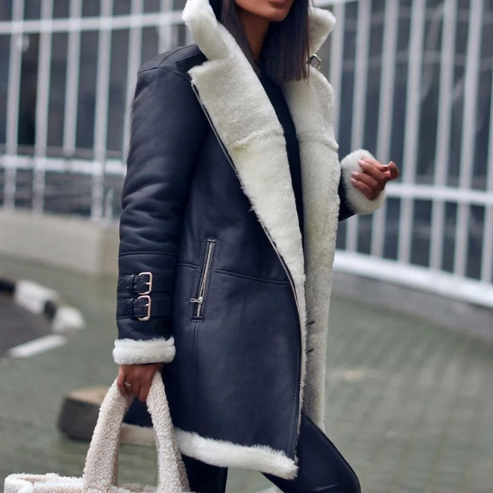 

Winter Women's Faux Leather Jacket Pu Cotton Coat Plus Plush Medium-Length Paragraph Lapel Zipper Asymmetry Pocket Warm Overcoat