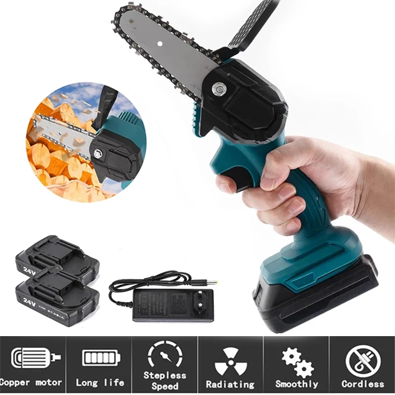 

24V Electric Mini Chainsaws Pruning Saw Cordless Garden Tree Logging Trimming Saw Woodcutting Tool Lithium Battery One-handed