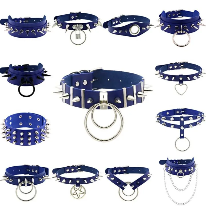 

Trendy Blue Cosplay Harajuku Punk Rock Gothic Necklace Sexy PU Leather Heart Round Spike Collar Choker Necklace Body Accessories