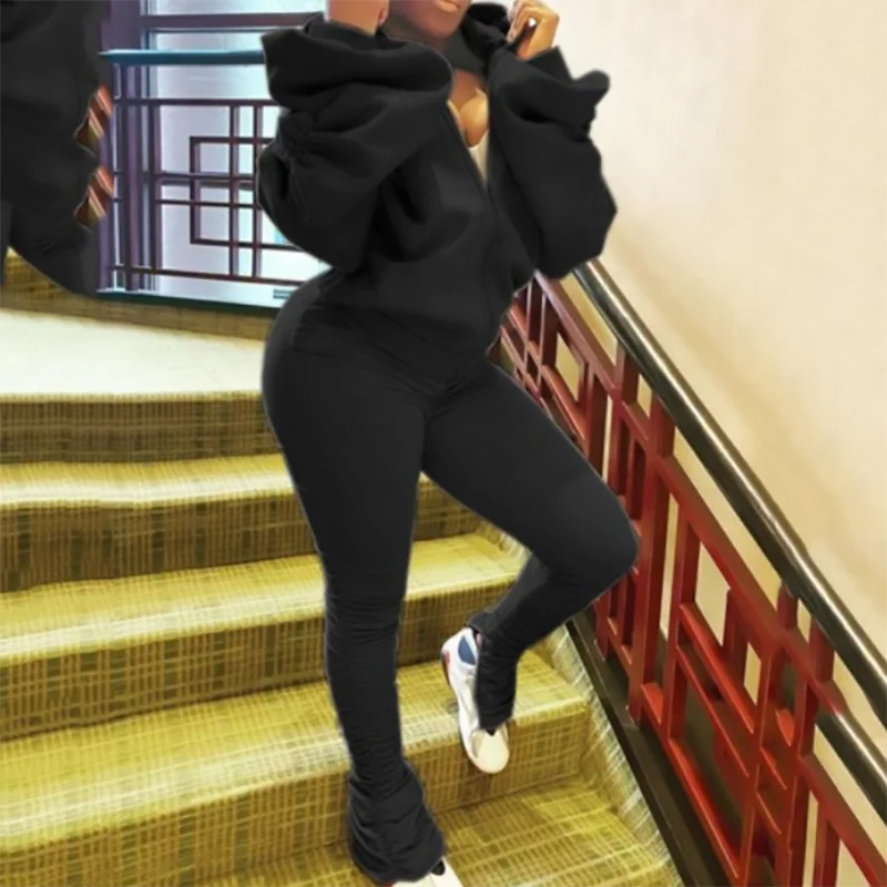 

S-3XL 2022 Women Soring and Autumn Sports Fashion Suit Pleated Split Pants Bubble Sleeve Backless Hooded Sports Two Piece Set