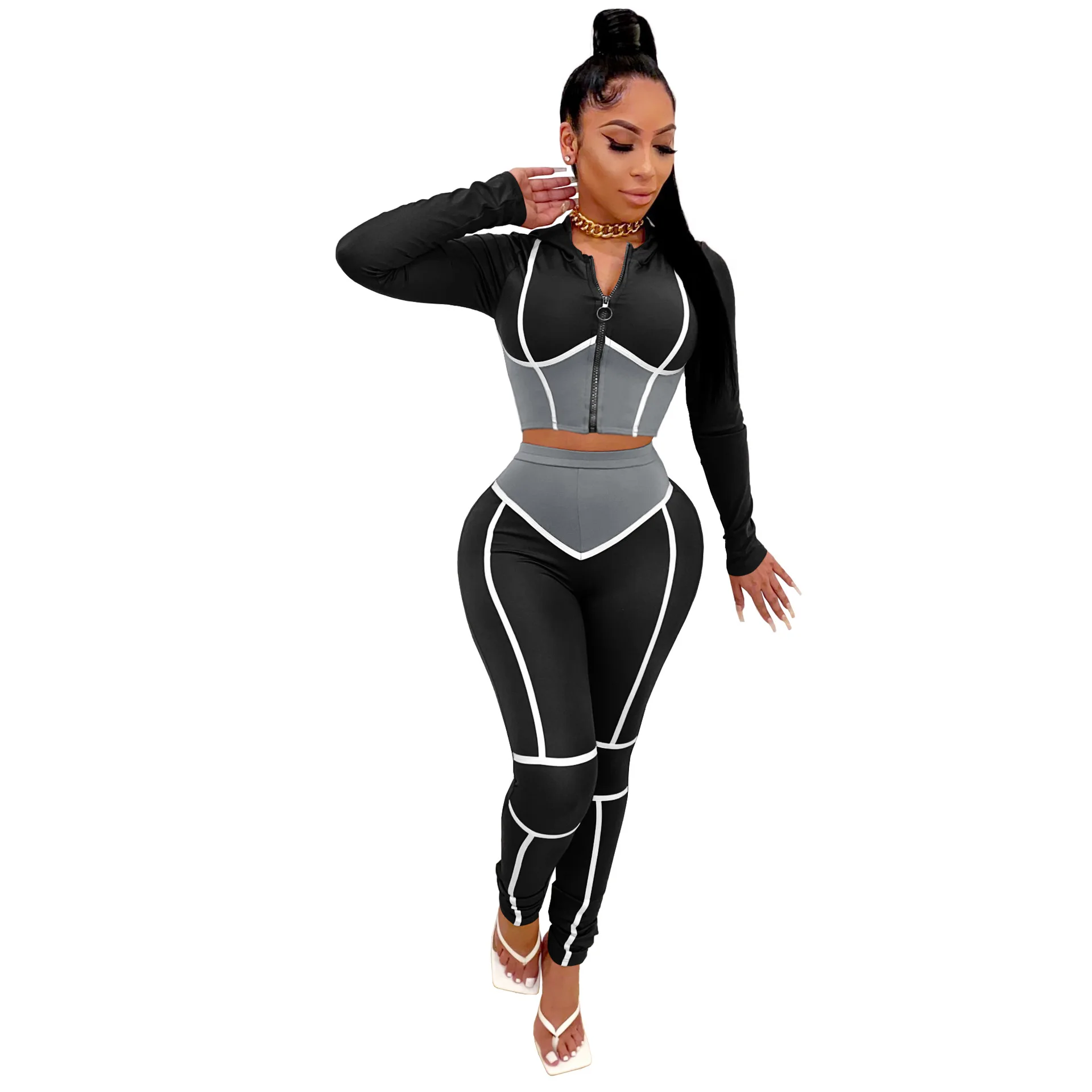 

hot selling Autumn women Tracksuit Contrast Color Pacthwork Long Sleeve Zipper Hooded Tops +Trousers Casual suit