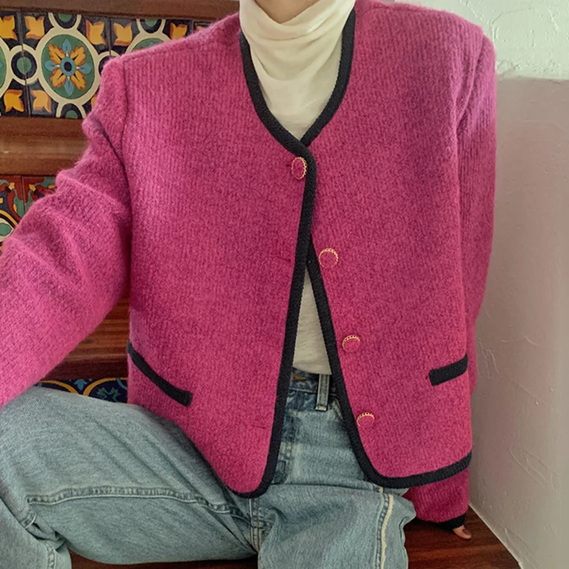 

Корейский Кардиган, куртки, Женский шикарный осенний Кружевной Жакет с французским воротником, однобортный жакет с контрастной строчкой и ...