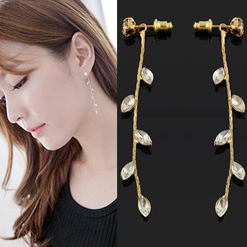 Женские модные элегантные длинные серьги Стразы линейные в виде веток из листьев