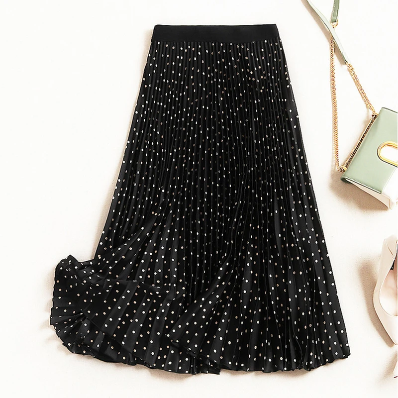 

Women Long Skirt Polka Dot Pleated A-Line New Ladies Skirt Hot Sale