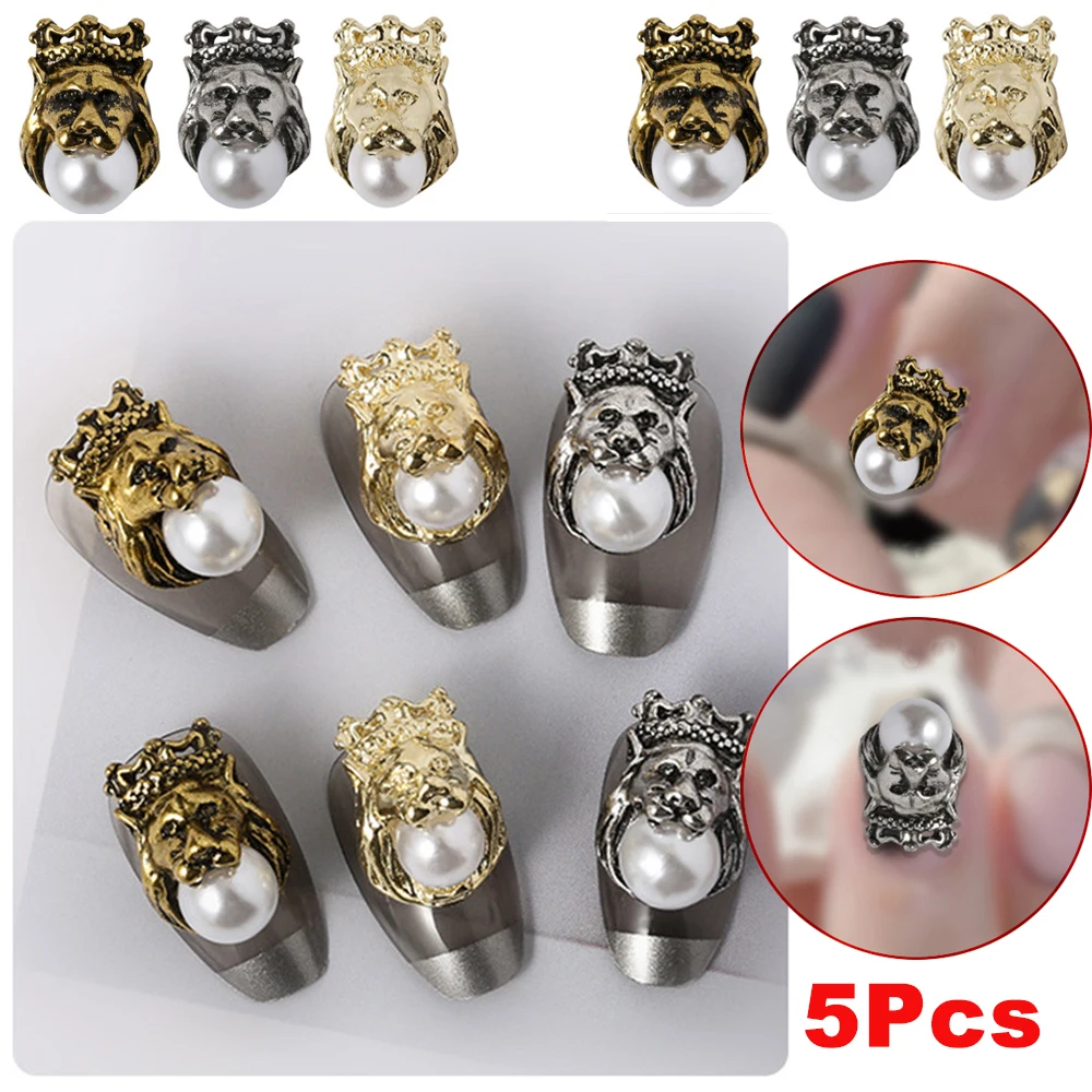 

5Pc/Lot Latest Punk Style Vintage Gold Silver Lion King with Pearl Bride DIY Accessories Metal Nail Art Deco Charms for Manicure