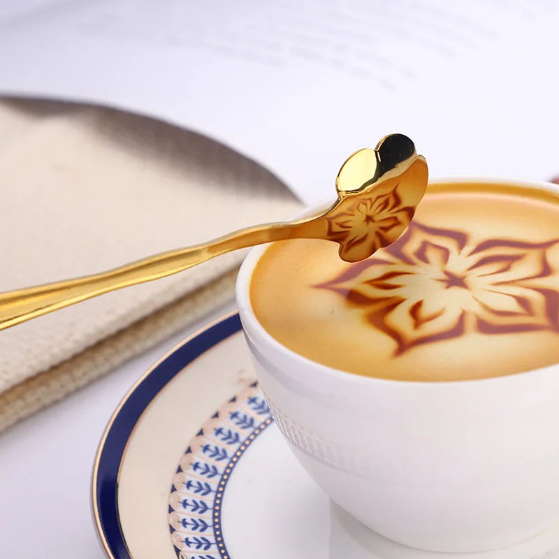 

Newly 8 Pcs Cherry Blossoms Stainless Steel Coffee Spoon Teaspoons Ice Cream Sugar Cutlery Gold Kitchen Tableware XSD88