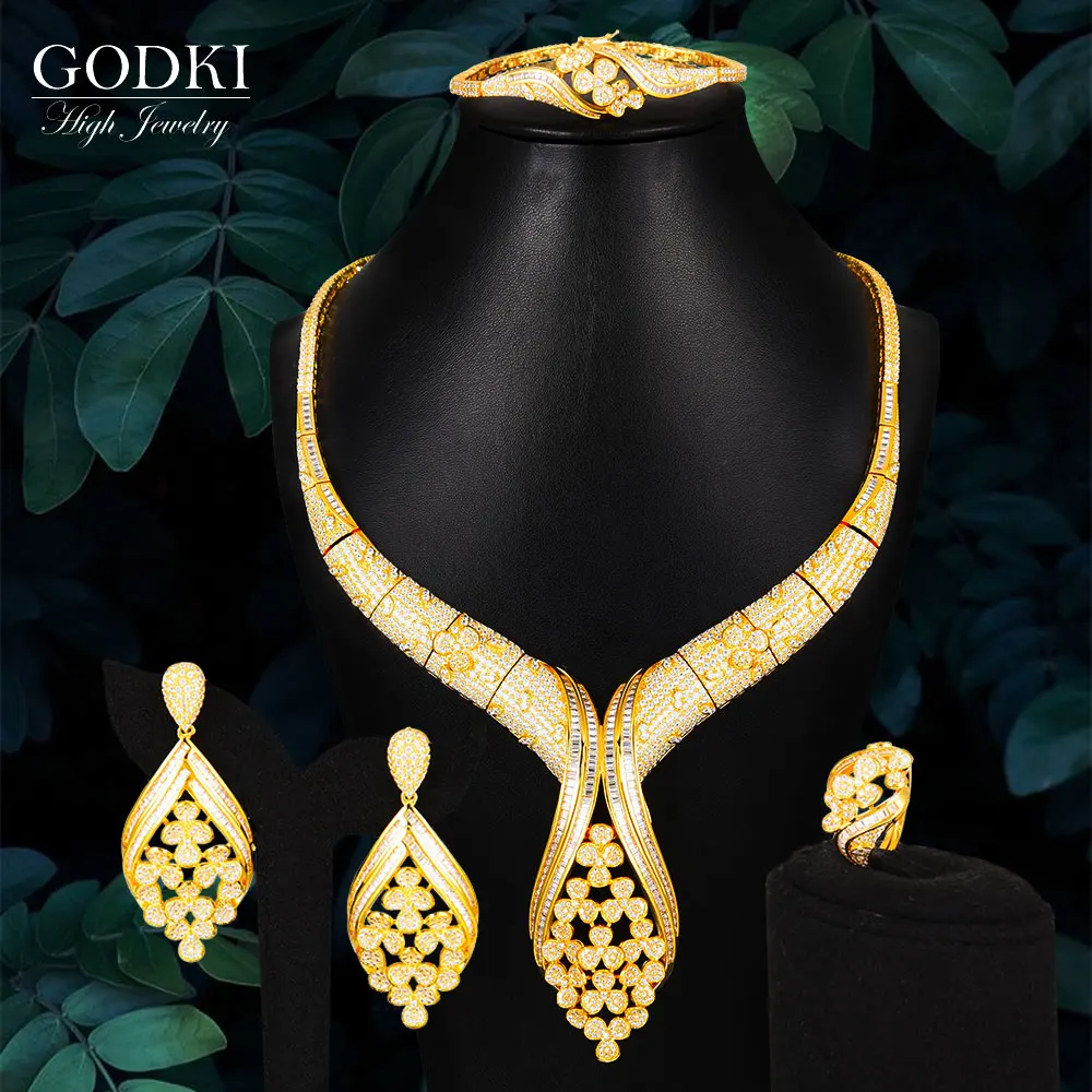 barato Godki Luxo Flor Dupla Camada Conjuntos De Jóias Para O Casamento Feminino Completo Micro Zircônia Cúbica Vestido Gargantilha Colar Brinco Conjuntos