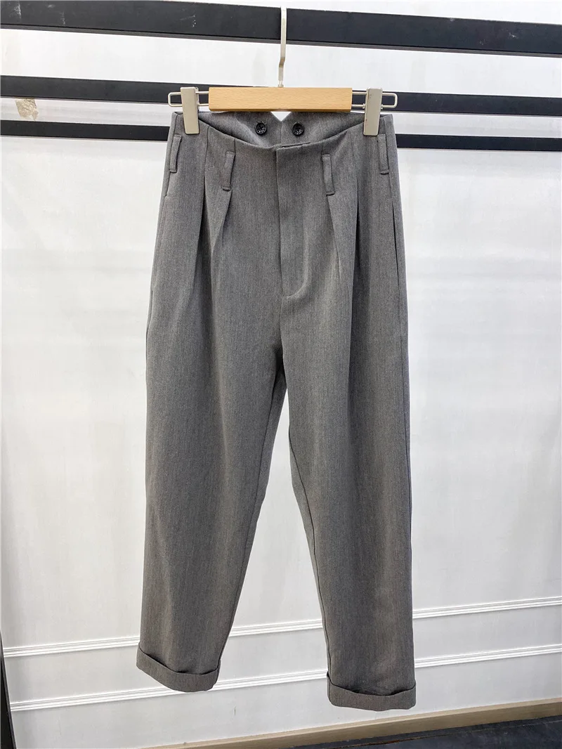 Women Pants Solid Color Ankle-length Rolled Office Lady Trousers with Pockets