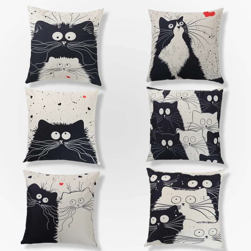 

Pillowcase Without Core Cartoon Cat Polyester Living Room Pillow Leisure Pillow Black and White Cat Pillowcase