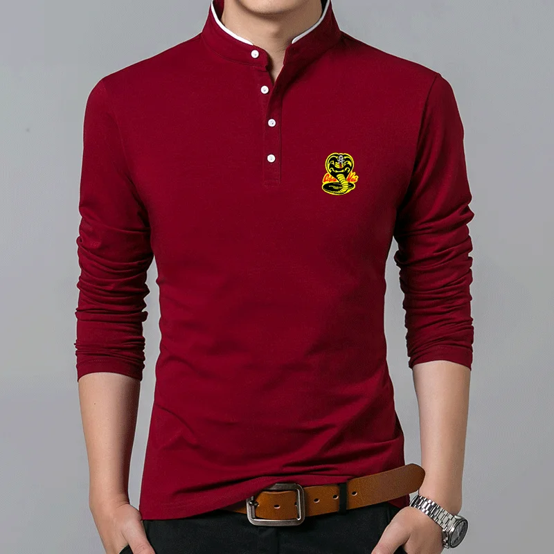 

Cobra Kai Print T-Shirt Men Cotton T Shirt Full Sleeve Tshirt Men Solid Color T-shirts Tops&tees Mandarin Collar Long Shirt