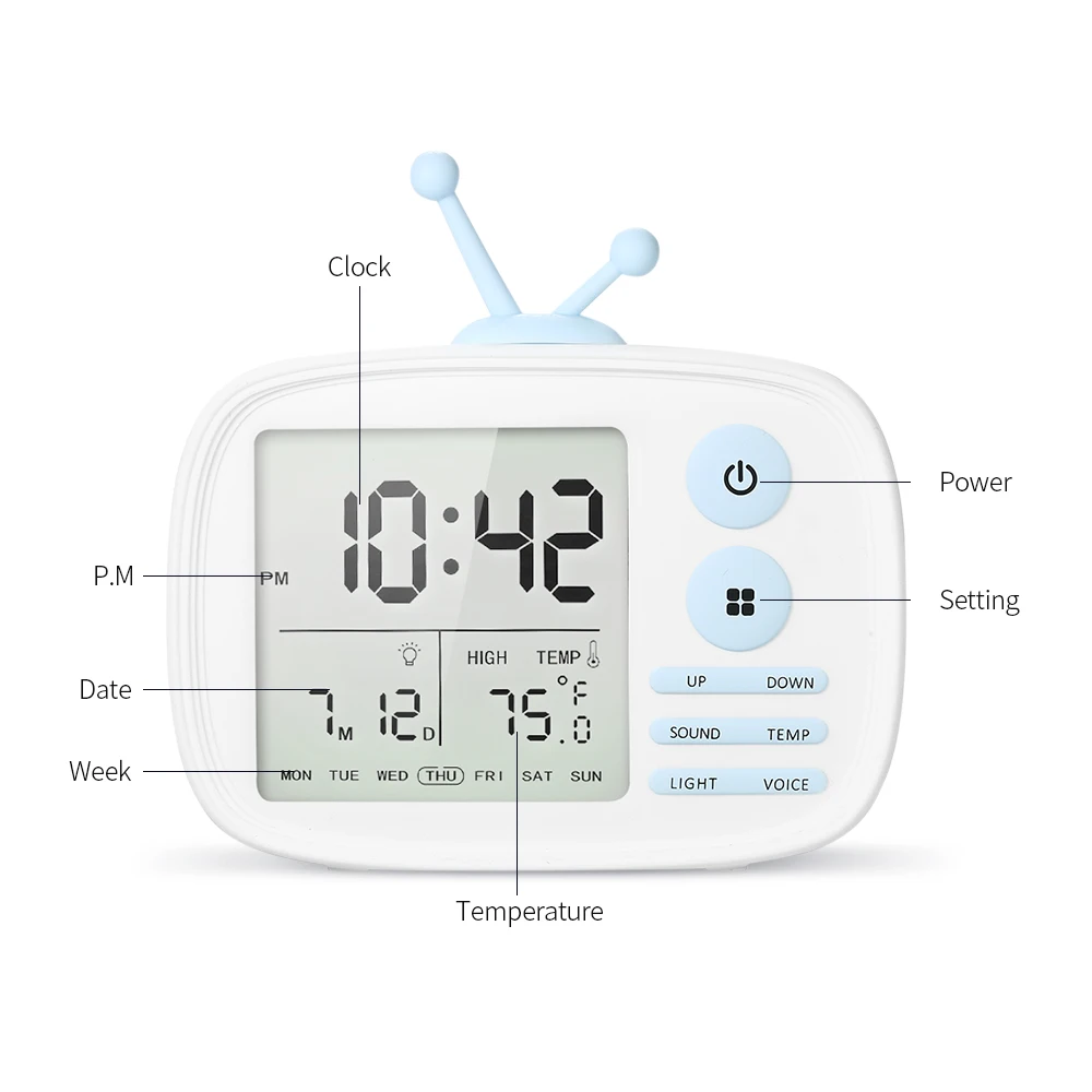 USB Перезаряжаемый ТВ-будильник с активированным звуком LCD
