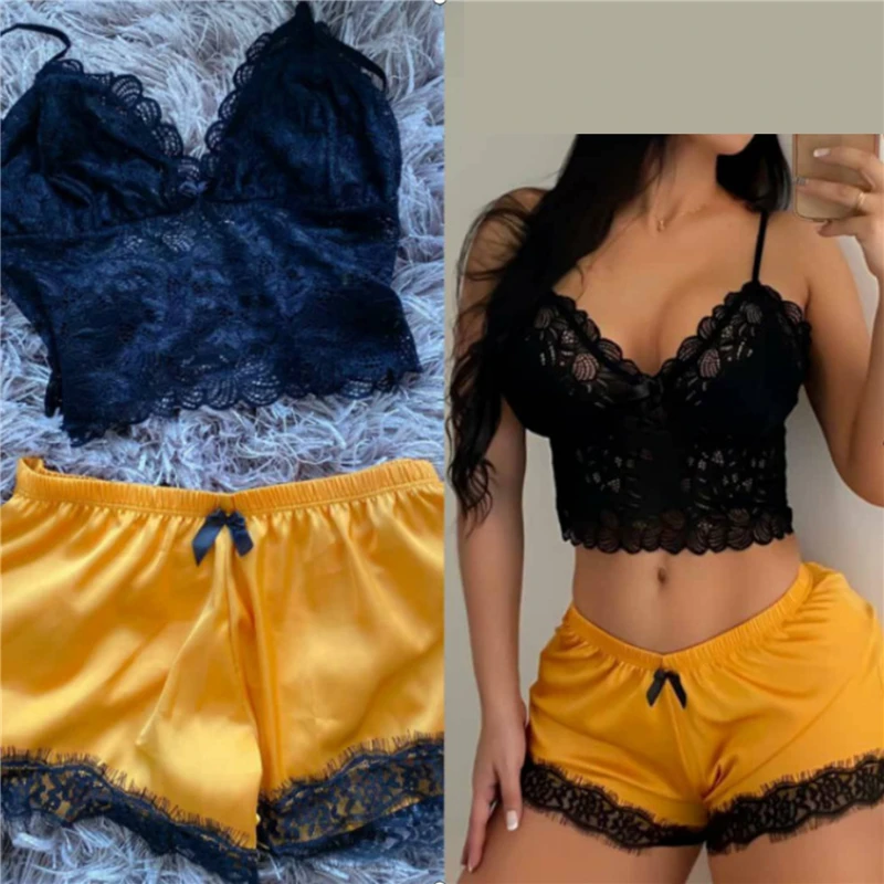 

Womens Sexy Satin Vintage Sleepwear Lingerie Lace V-Neck Camisole Sleepwear Pijamas Femmes Seamless Underwear Nightwear