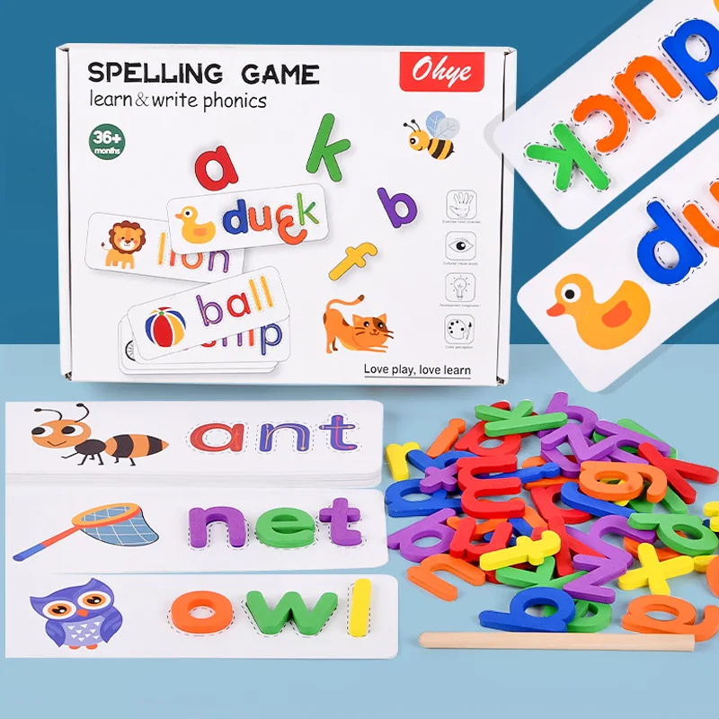Spelling Game Learn & Write Phonics English Alphabet Letters Puzzle Montessori Wooden Toys With Double Sided Cards