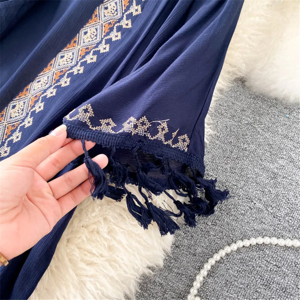

White Cotton Kimono Ethnic Embroidery Robe Woman Long Tassel Blouse Cardigan Summer Boho Beach Tassle Bohemian Cover Up Bikini