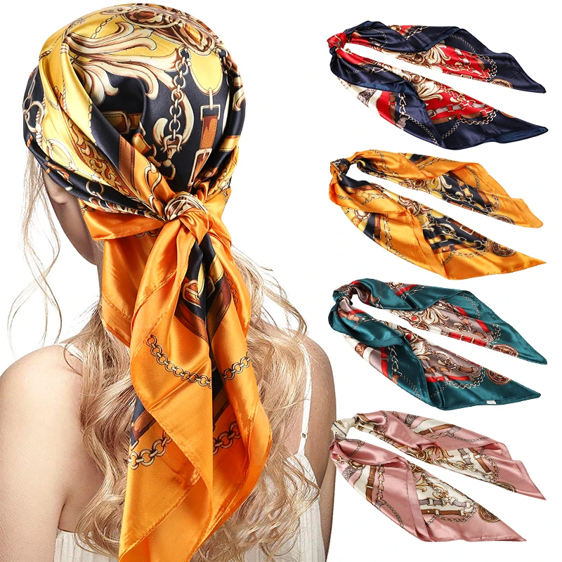 

Luxury Brand Silk Square Plaid Scarf Women Satin Neck Hair Tie Band Soft Work Neckerchife 2021 NEW Hijab Head Female Foulard