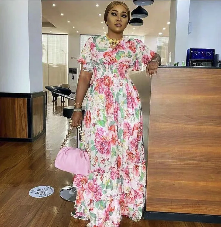 

Ramadan Eid Mubarak Print Floral Dress V neck Party Muslim Abaya Kimono Hijab Jalabiya Robe Gowns Arab African Dashiki Islamic
