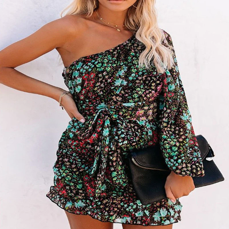 

Elegant Zipper Lace-Up Slim Party Dress Women Autumn Long Sleeve Ruffles Dress Fashion Ladies Sexy One-Shoulder Print Mini Dress