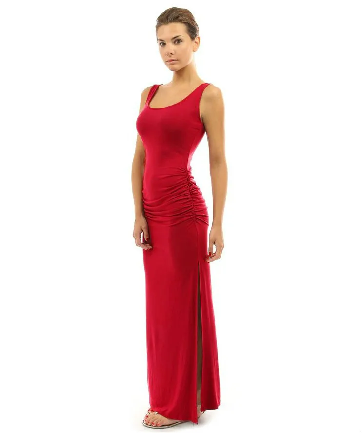 

Summer Girls Slim Pleated Sleeveless Red Women One-piece Dress Plus Size Maxi Long Slit Thin Elegant Party Dresses Ladies Sheath