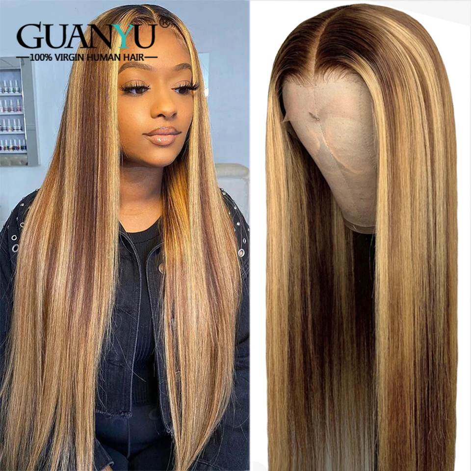 

Highlight Lace Front Human Hair Wig 13X4 Pre plucked Brazilian Remy Straight Piano Hair Color Lace Wig Bleached Knots