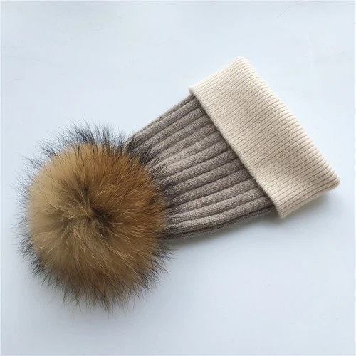 Khaki-beige N Зимняя шапка, модная шапка с натуральным мехом, женские шапки с помпоном, кашемировый шерстяной вязаный берет, меховая шапка с помпоном, шапка с большим мехом енота - Цвет: Khaki-beige N