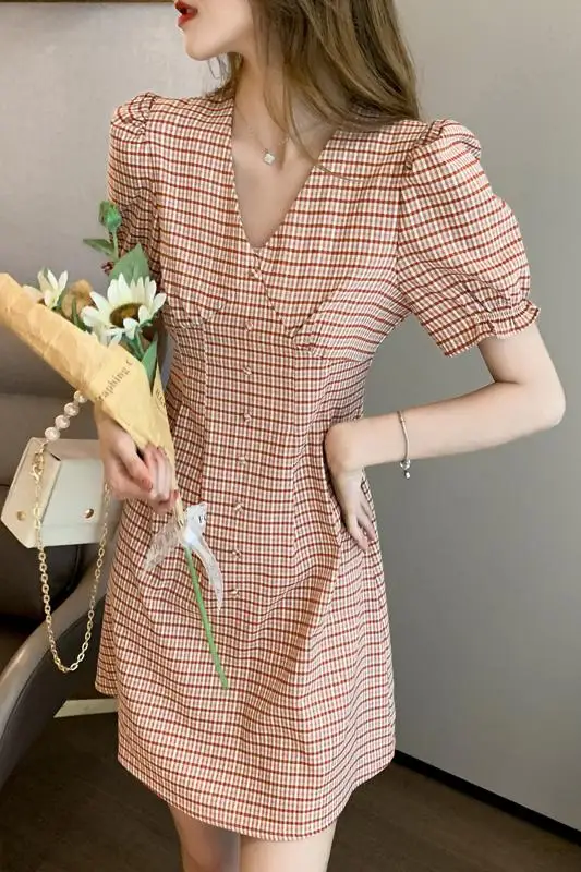 

COIGARSAM French Style Plaid Women dress New Summer V-Neck Dresses 2043