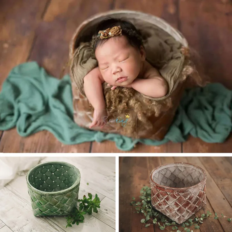 Baby Photography Accessories Retro Wood Chip Woven Basket Newborn Photo Props Bucket Natural Rattan Container Posing Chair Sofa