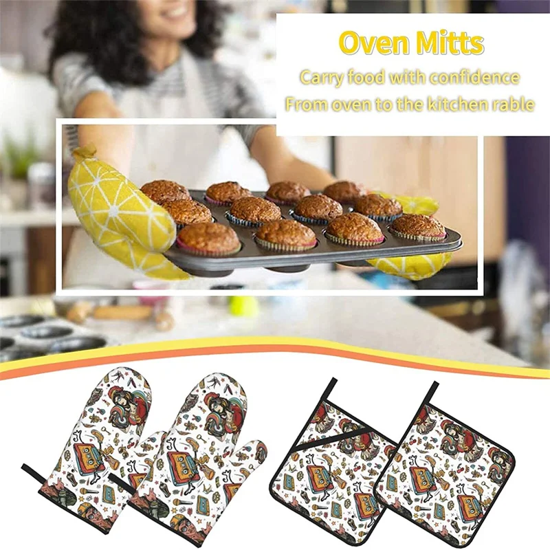 

Oven glove and pot holder set heat-resistant 4-piece set, kitchen utensils non-slip insulating gloves for baking and cooking
